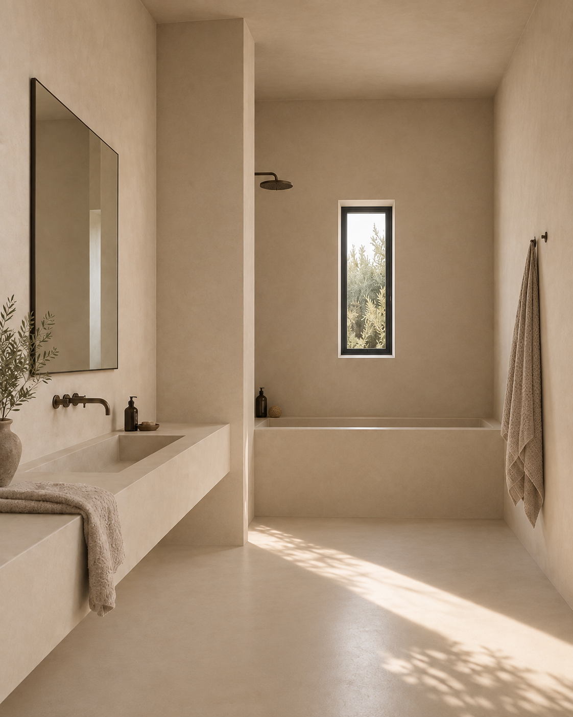 Baño revestido con Limetech en tono mineral continuo